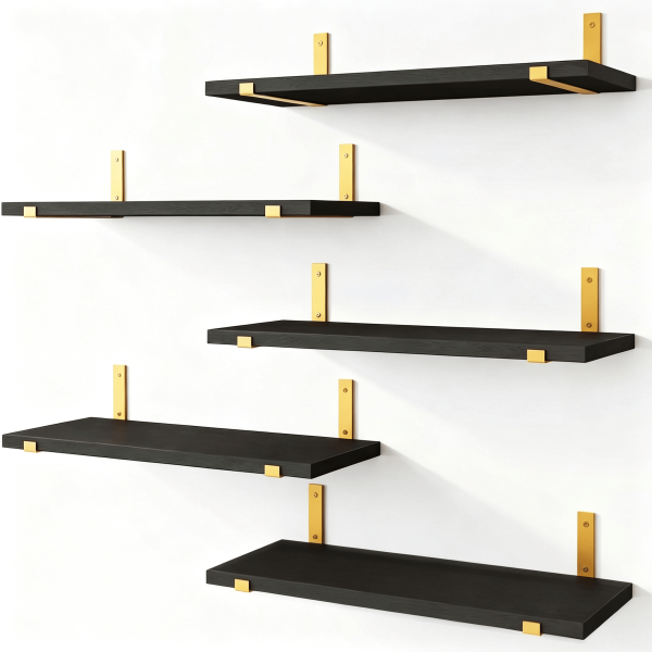 5 Pack Black Floating Shelves with Gold Brackets, Paulownia Wood Wall Mounted Shelves, 15.85" Rustic Wall Storage Shelf Set for Bedroom Living Room Bathroom Kitchen Office, 43 lbs Capacity