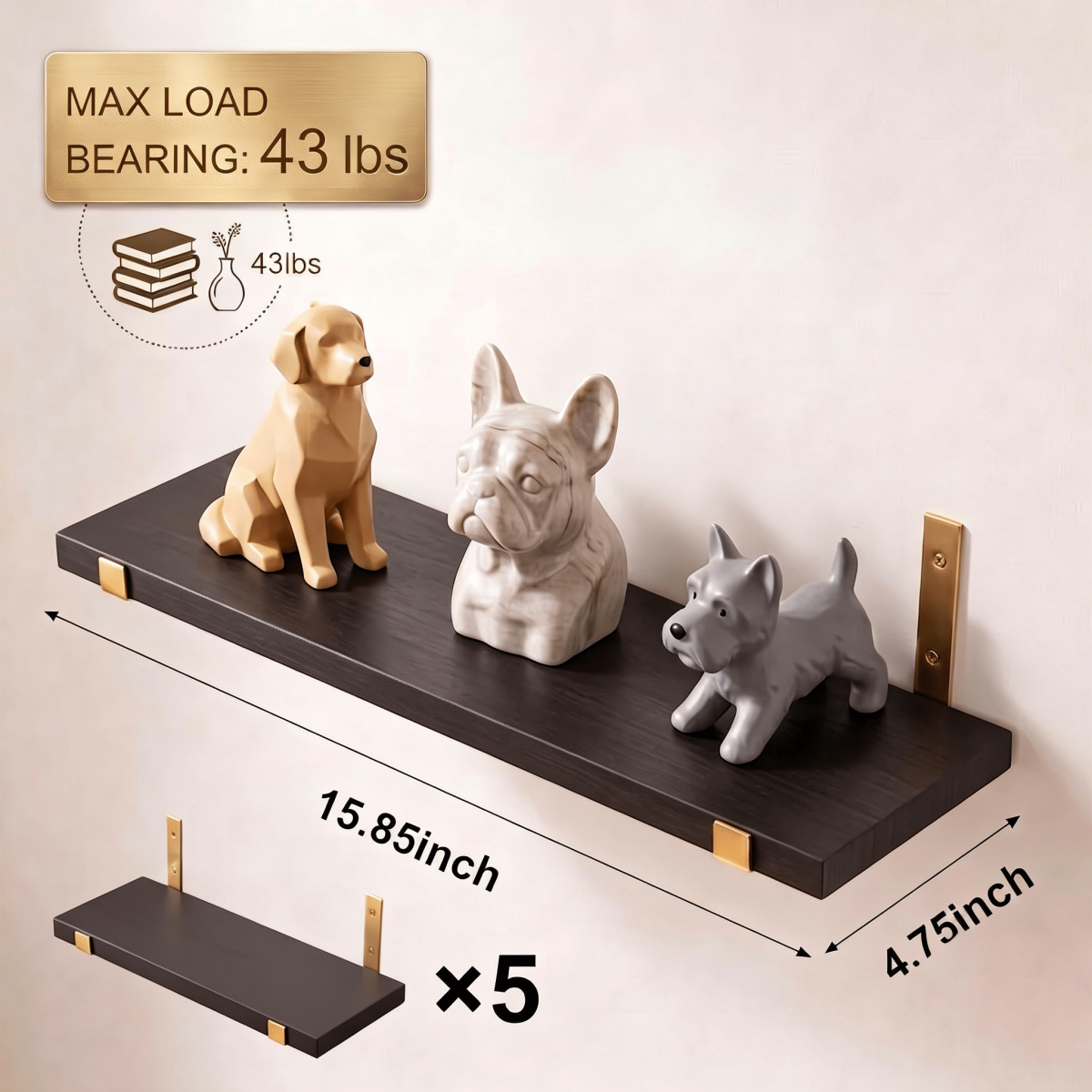5 Pack Black Floating Shelves with Gold Brackets, Paulownia Wood Wall Mounted Shelves, 15.85" Rustic Wall Storage Shelf Set for Bedroom Living Room Bathroom Kitchen Office, 43 lbs Capacity - Image 2