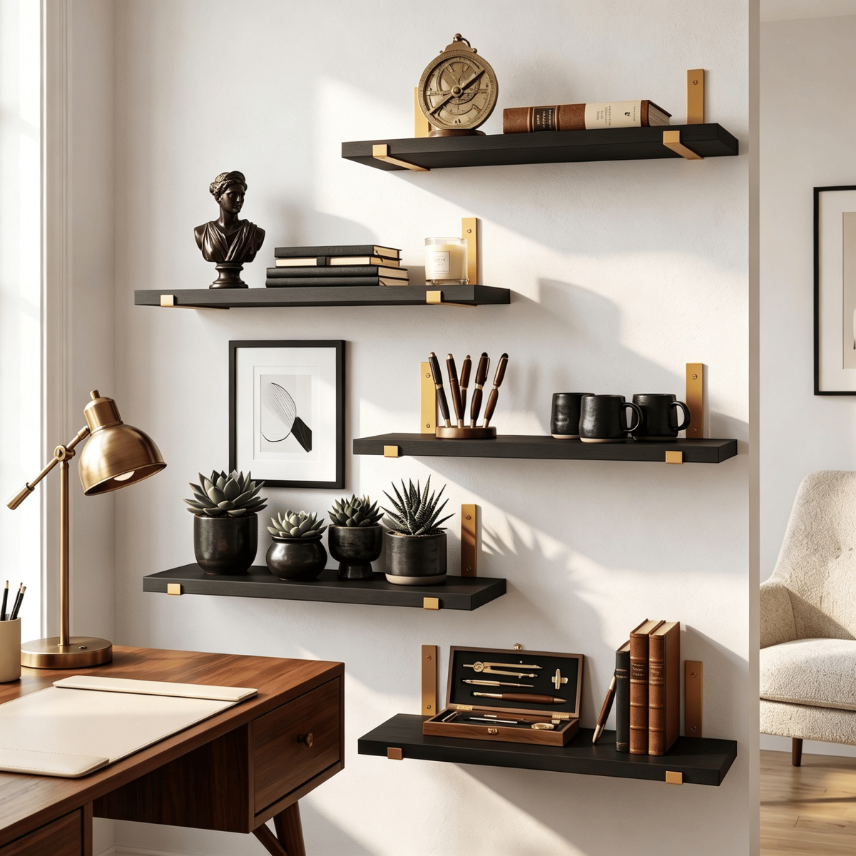 5 Pack Black Floating Shelves with Gold Brackets, Paulownia Wood Wall Mounted Shelves, 15.85" Rustic Wall Storage Shelf Set for Bedroom Living Room Bathroom Kitchen Office, 43 lbs Capacity - Image 4