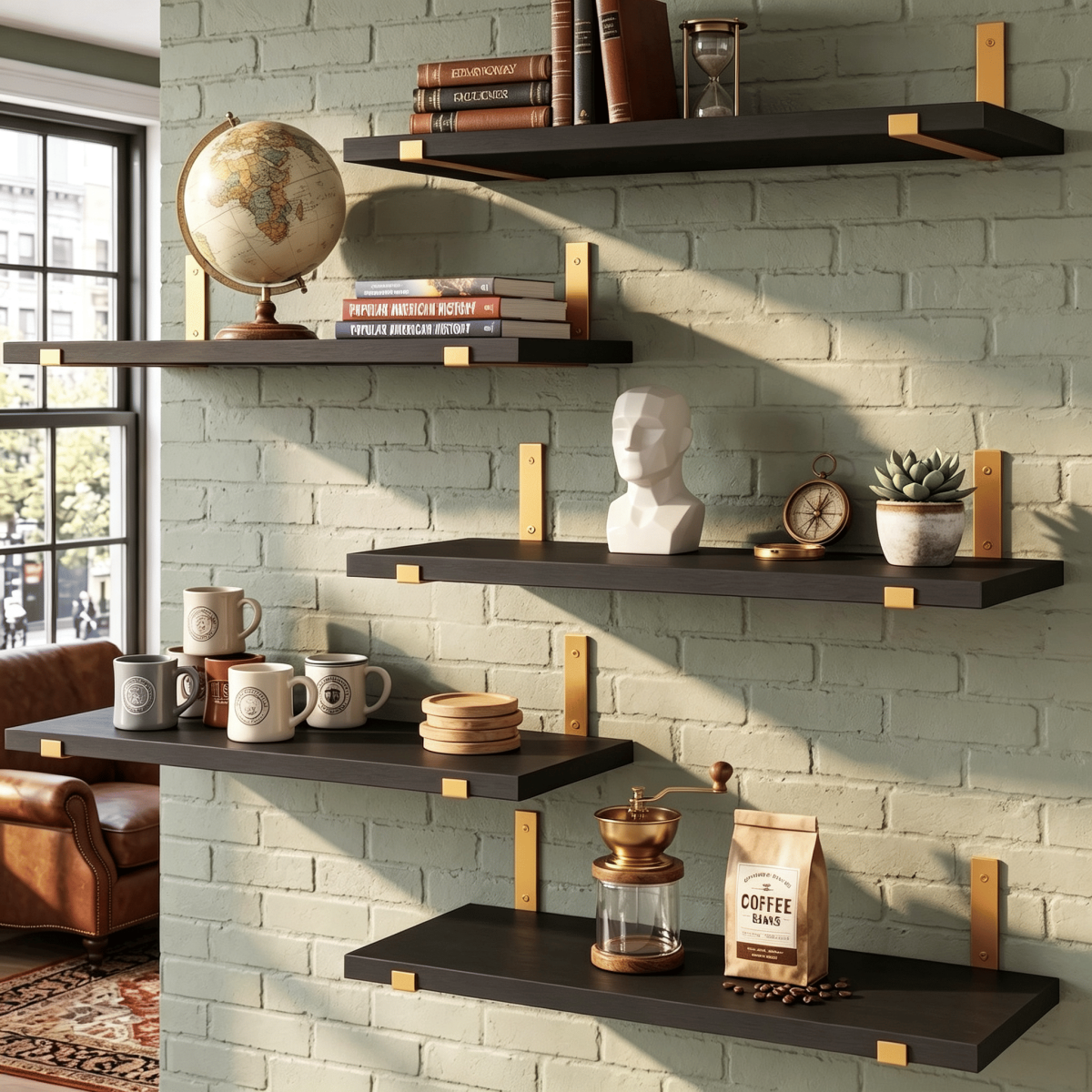 5 Pack Black Floating Shelves with Gold Brackets, Paulownia Wood Wall Mounted Shelves, 15.85" Rustic Wall Storage Shelf Set for Bedroom Living Room Bathroom Kitchen Office, 43 lbs Capacity - Image 6