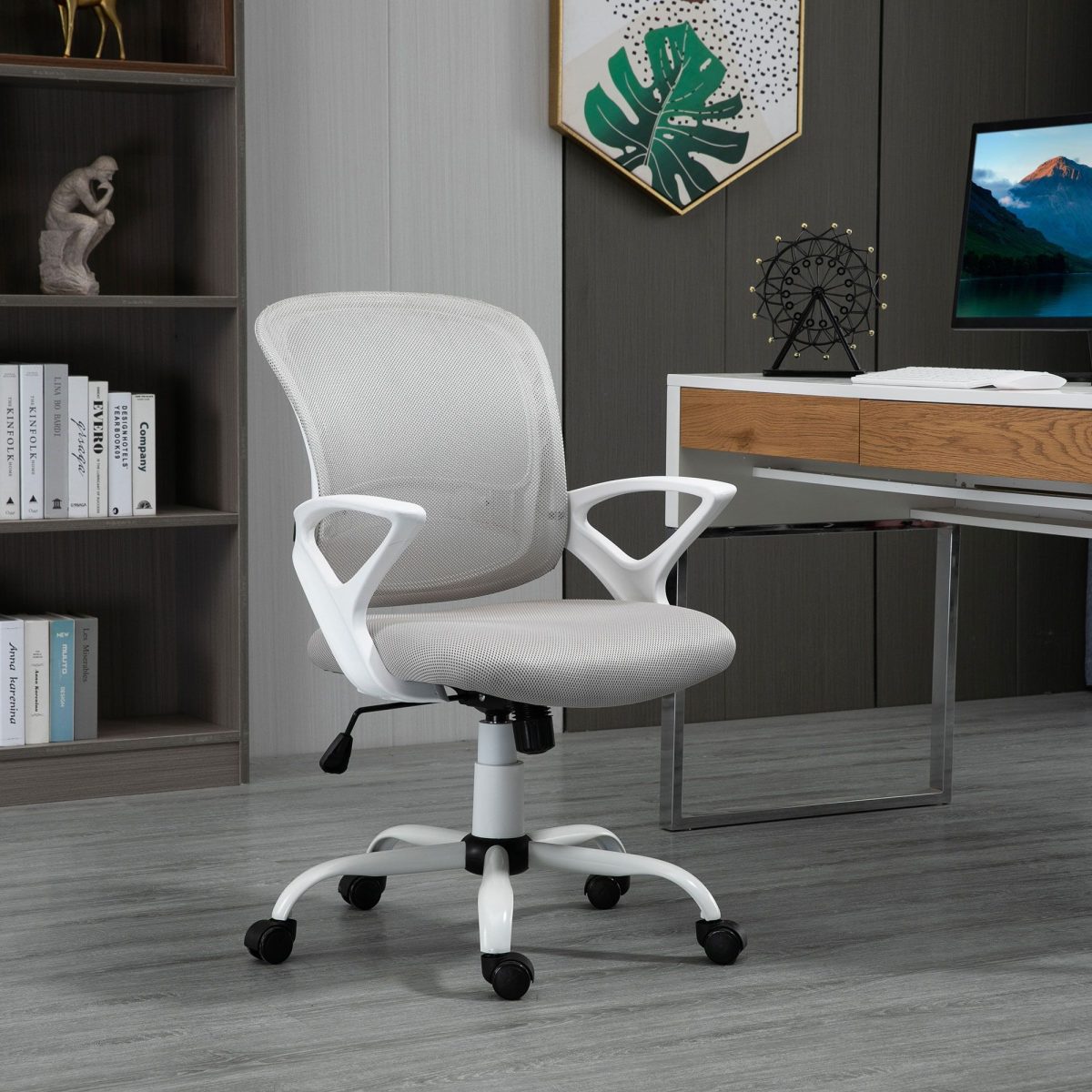 Swivel Mid Back Computer Desk Chair, Ergonomic Mesh Office Chair with Rocking Function, Rolling Wheels, Gray - Image 2