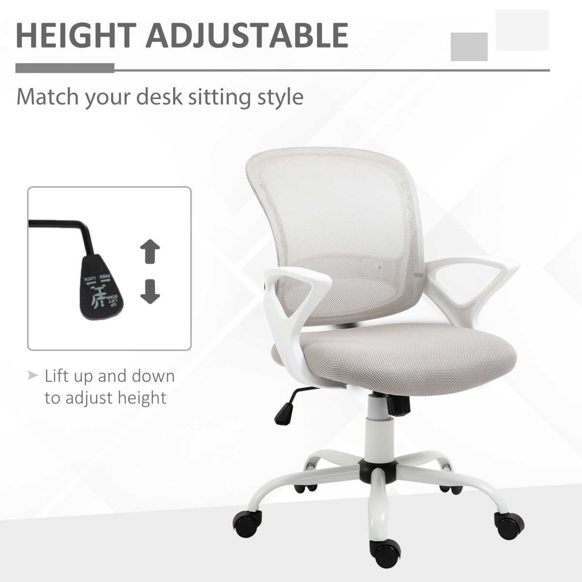 Swivel Mid Back Computer Desk Chair, Ergonomic Mesh Office Chair with Rocking Function, Rolling Wheels, Gray - Image 4