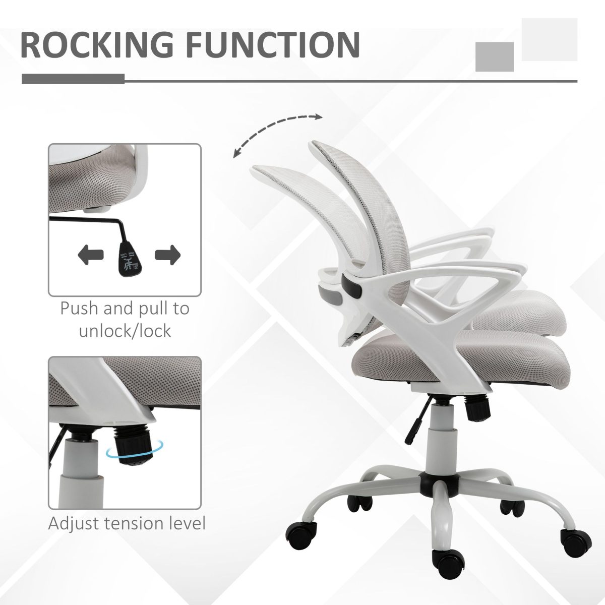 Swivel Mid Back Computer Desk Chair, Ergonomic Mesh Office Chair with Rocking Function, Rolling Wheels, Gray - Image 5