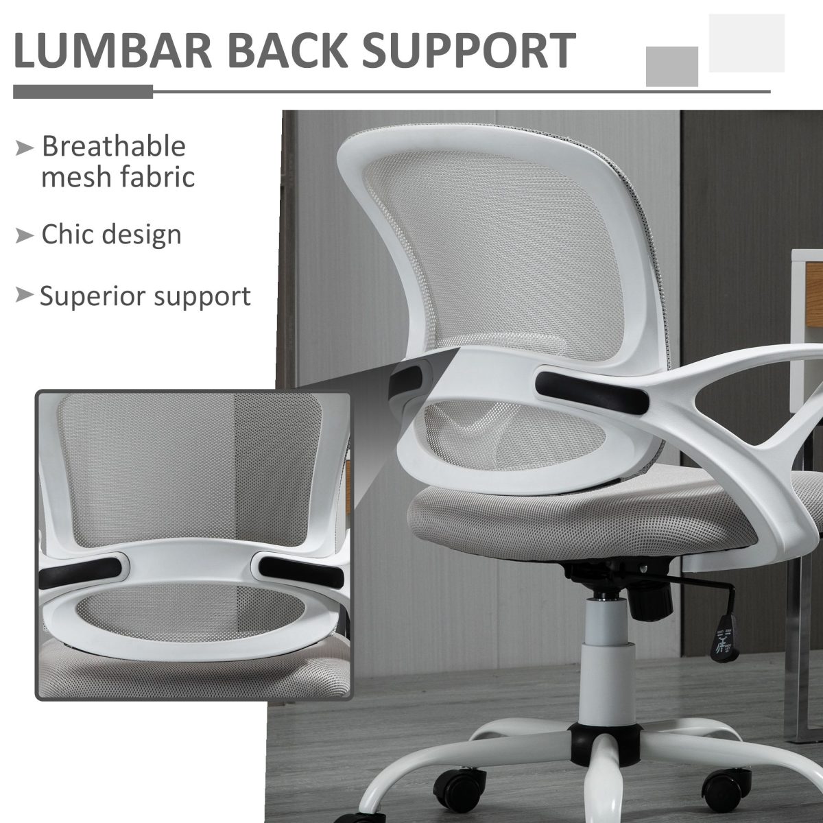 Swivel Mid Back Computer Desk Chair, Ergonomic Mesh Office Chair with Rocking Function, Rolling Wheels, Gray - Image 6