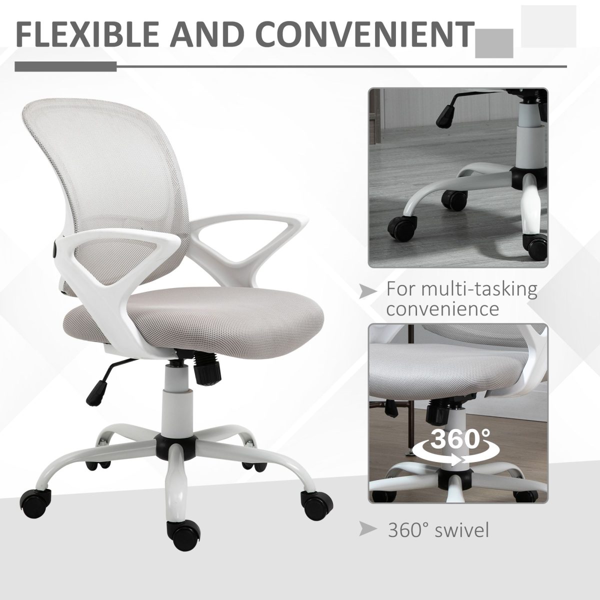 Swivel Mid Back Computer Desk Chair, Ergonomic Mesh Office Chair with Rocking Function, Rolling Wheels, Gray - Image 7