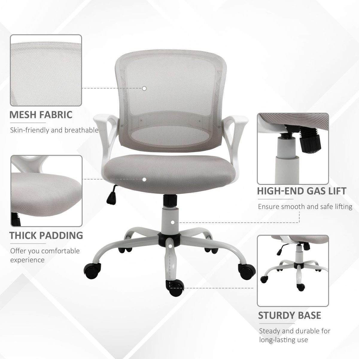 Swivel Mid Back Computer Desk Chair, Ergonomic Mesh Office Chair with Rocking Function, Rolling Wheels, Gray - Image 8