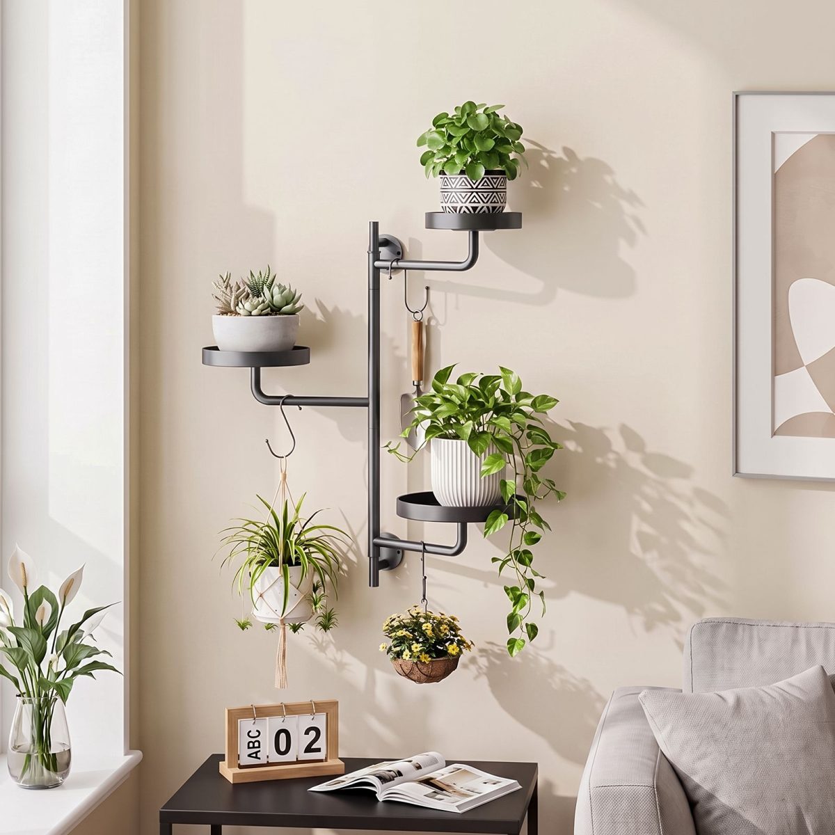 3-Tier Rotating Wall Mount Plant Shelf, Black Metal Swing Arm Plant Stand with Round Trays, Adjustable Wall-Mounted Display Rack for Indoor Plants, Books, Decor, Each Tray Holds Up to 20 LB (17.1 in H - Image 5