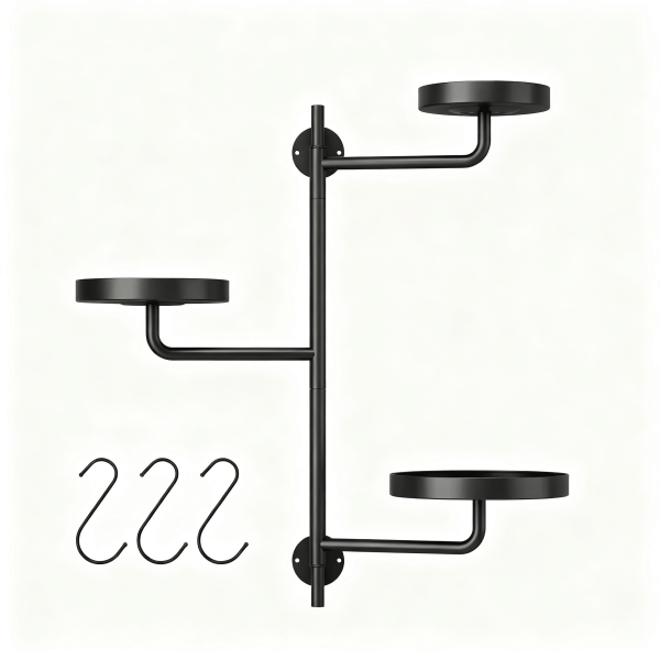 3-Tier Rotating Wall Mount Plant Shelf, Black Metal Swing Arm Plant Stand with Round Trays, Adjustable Wall-Mounted Display Rack for Indoor Plants, Books, Decor, Each Tray Holds Up to 20 LB (17.1 in H