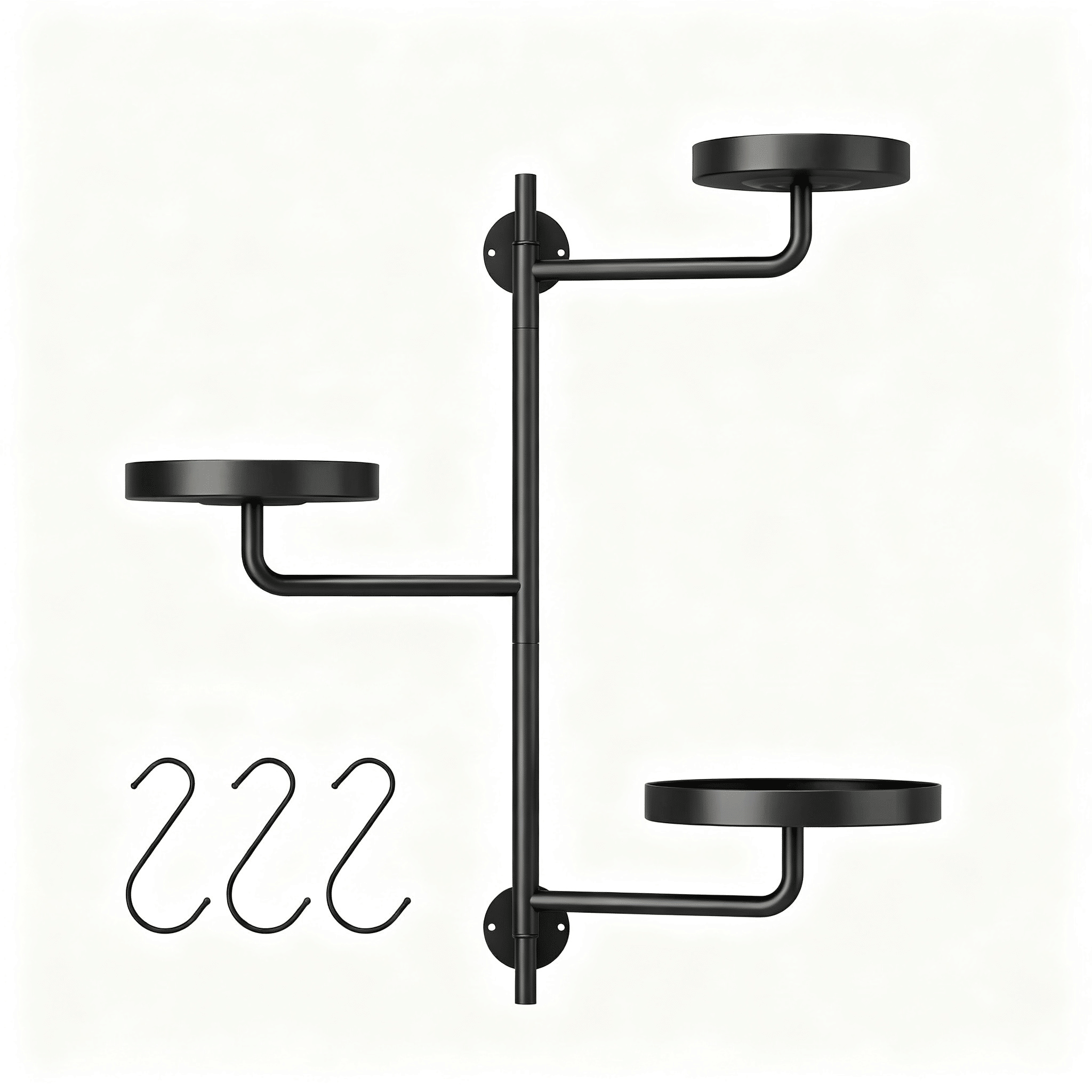 d01027esmh8.png 3-Tier Rotating Wall Mount Plant Shelf, Black Metal Swing Arm Plant Stand with Round Trays, Adjustable Wall-Mounted Display Rack for Indoor Plants, Books, Decor, Each Tray Holds Up to 20 LB (17.1 in H - Image 1