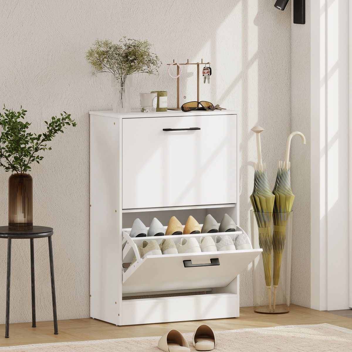 Shoe Cabinet 2 Flip Drawers Narrow Shoe Storage Unit Adjustable Dividers Entryway Hallway White - Image 2