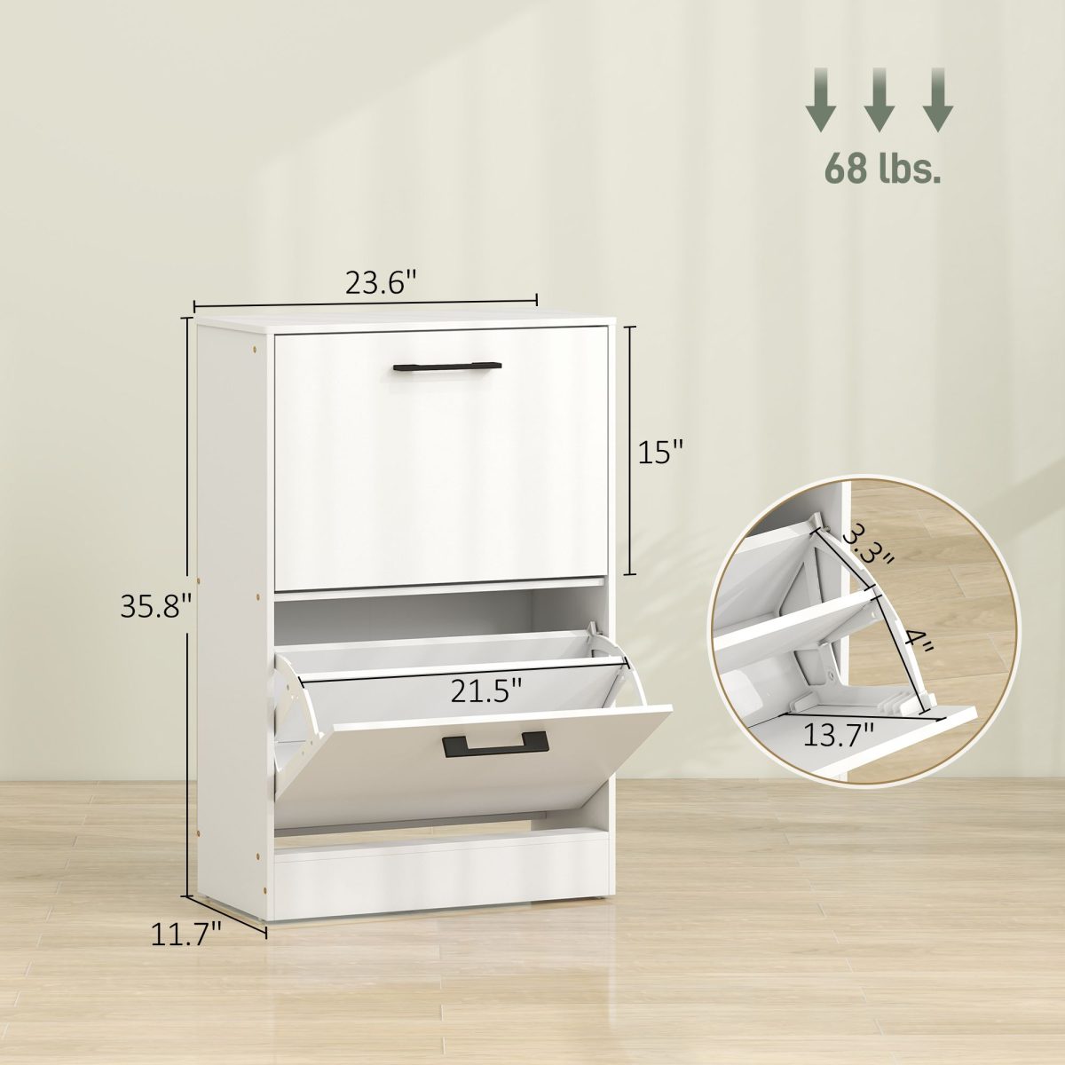 Shoe Cabinet 2 Flip Drawers Narrow Shoe Storage Unit Adjustable Dividers Entryway Hallway White - Image 3