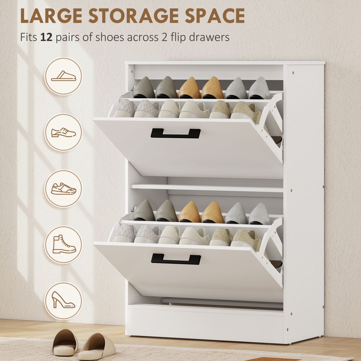 Shoe Cabinet 2 Flip Drawers Narrow Shoe Storage Unit Adjustable Dividers Entryway Hallway White - Image 4