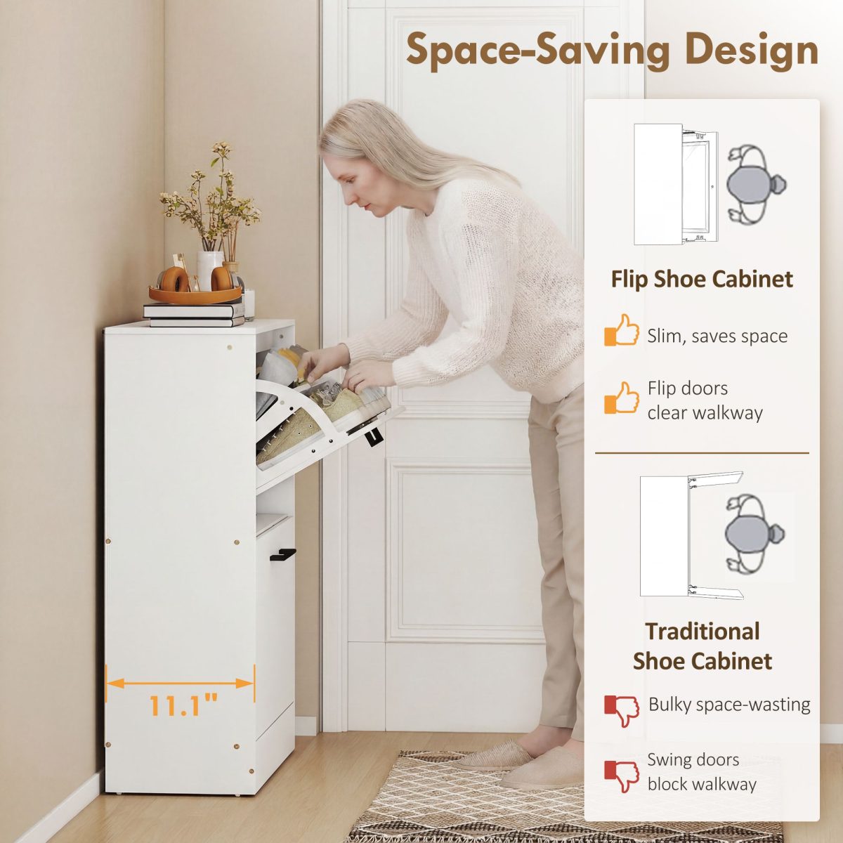 Shoe Cabinet 2 Flip Drawers Narrow Shoe Storage Unit Adjustable Dividers Entryway Hallway White - Image 5