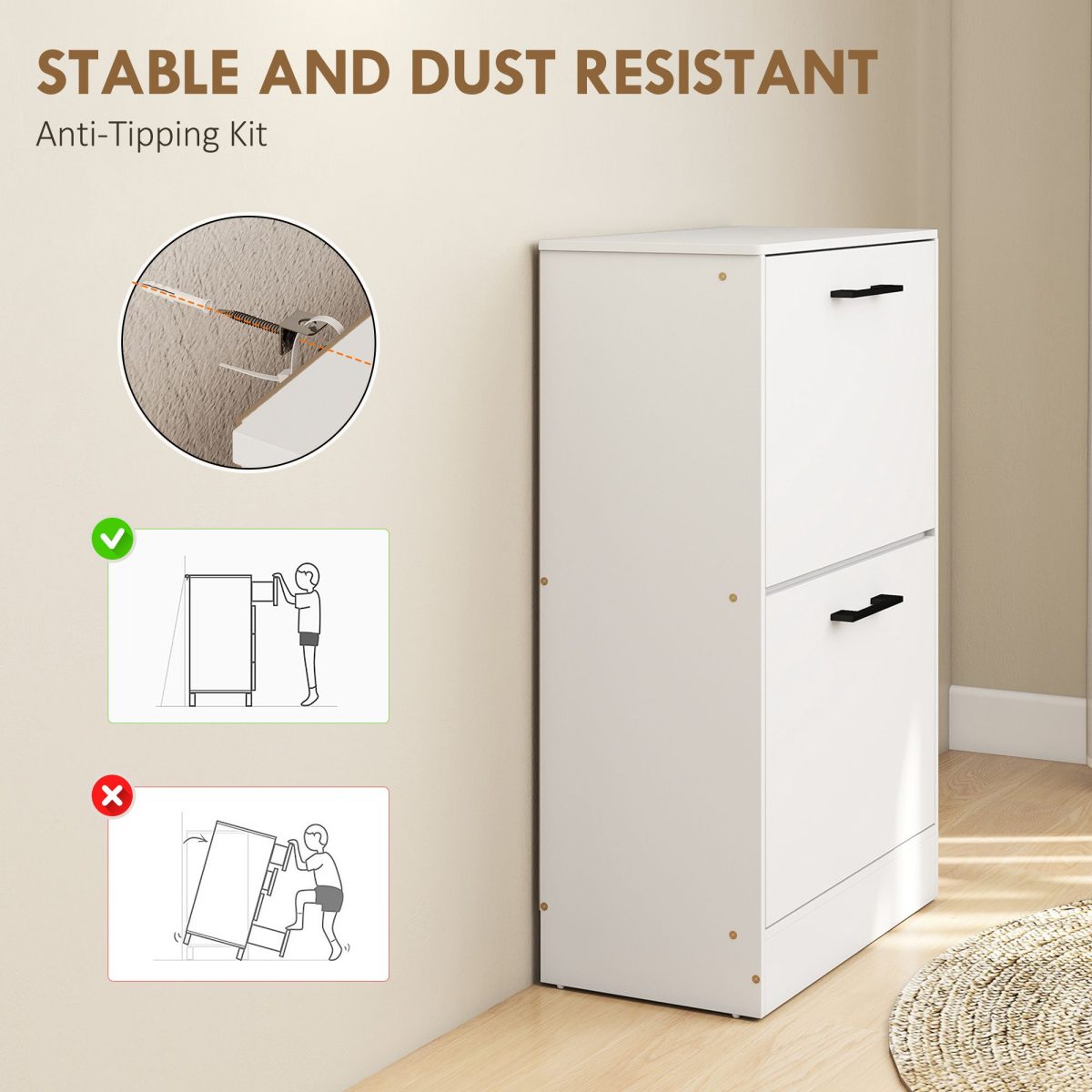 Shoe Cabinet 2 Flip Drawers Narrow Shoe Storage Unit Adjustable Dividers Entryway Hallway White - Image 6