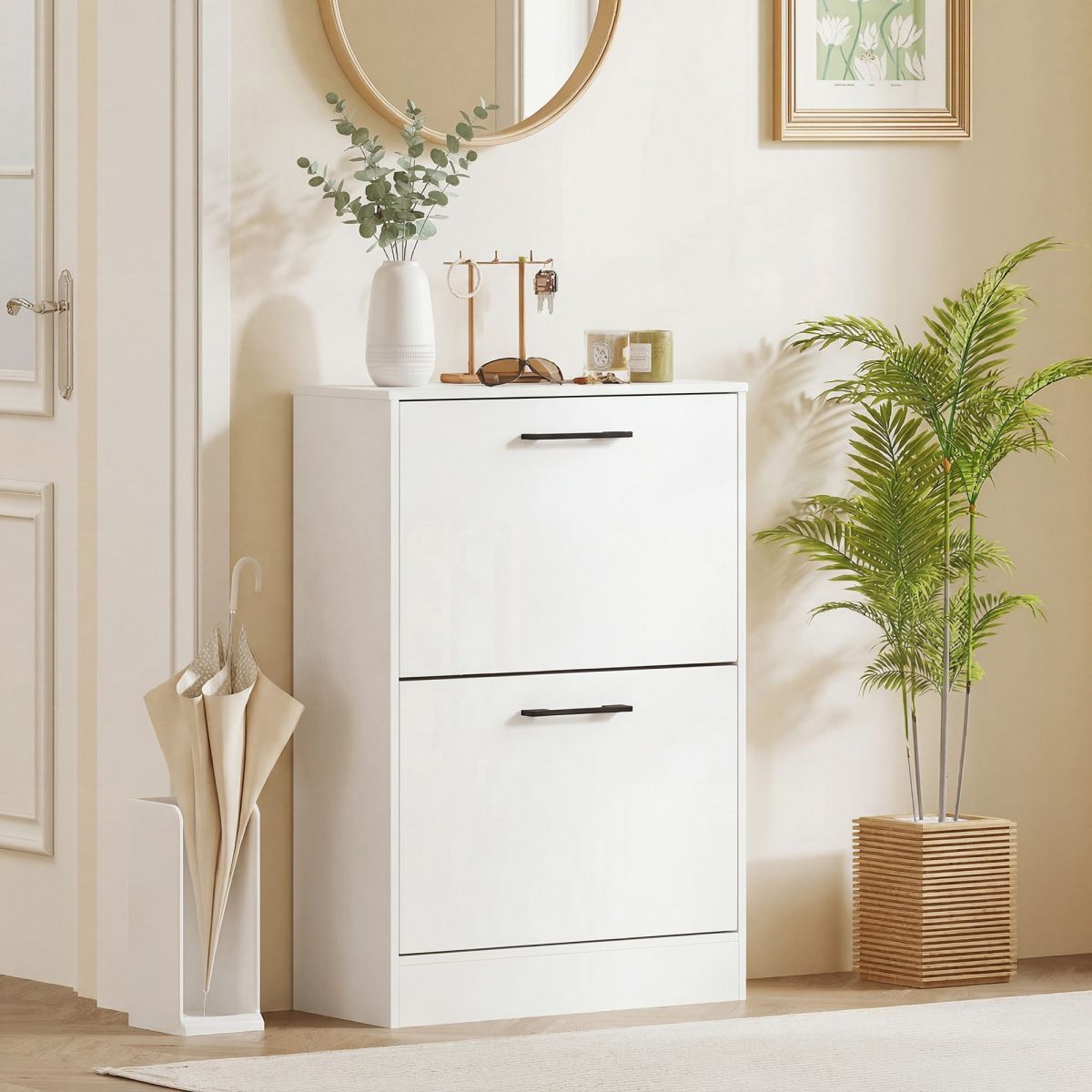 Shoe Cabinet 2 Flip Drawers Narrow Shoe Storage Unit Adjustable Dividers Entryway Hallway White - Image 7