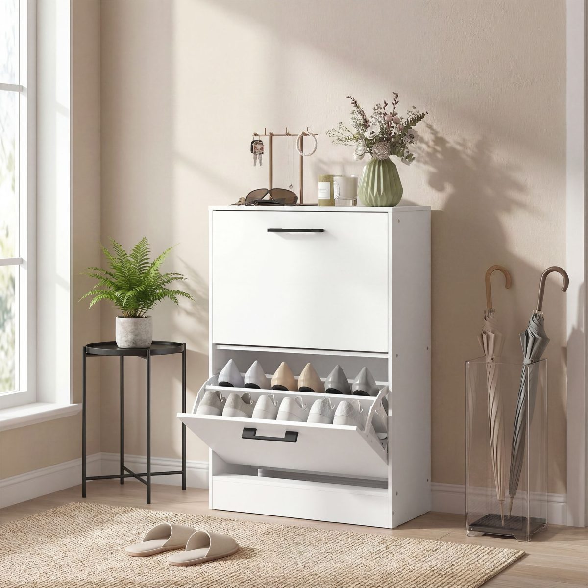 Shoe Cabinet 2 Flip Drawers Narrow Shoe Storage Unit Adjustable Dividers Entryway Hallway White - Image 8