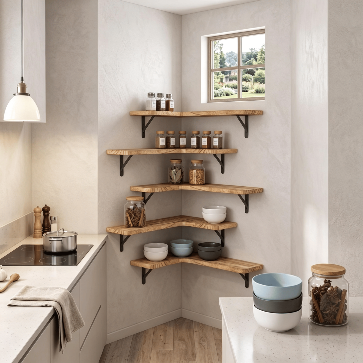 Corner Floating Shelves Set of 5, Matte Wood Finish Corner Wall Shelves with Triangle Iron Brackets, Rustic Wood Display Shelf for Bedroom, Bathroom, Living Room, Kitchen - Image 4