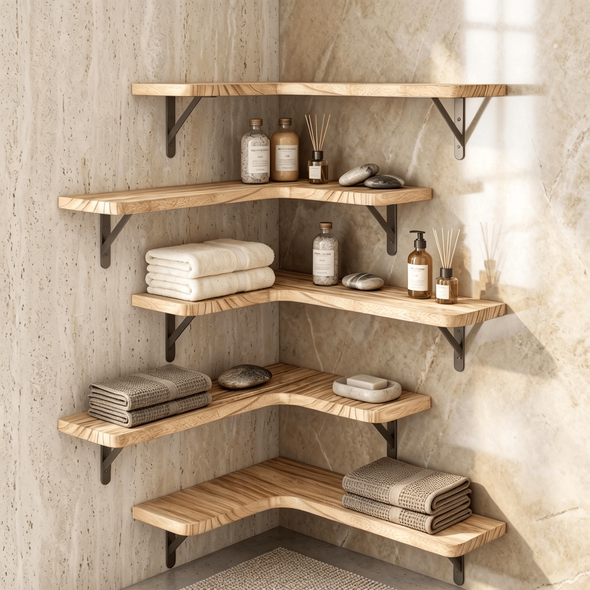 Corner Floating Shelves Set of 5, Matte Wood Finish Corner Wall Shelves with Triangle Iron Brackets, Rustic Wood Display Shelf for Bedroom, Bathroom, Living Room, Kitchen - Image 5