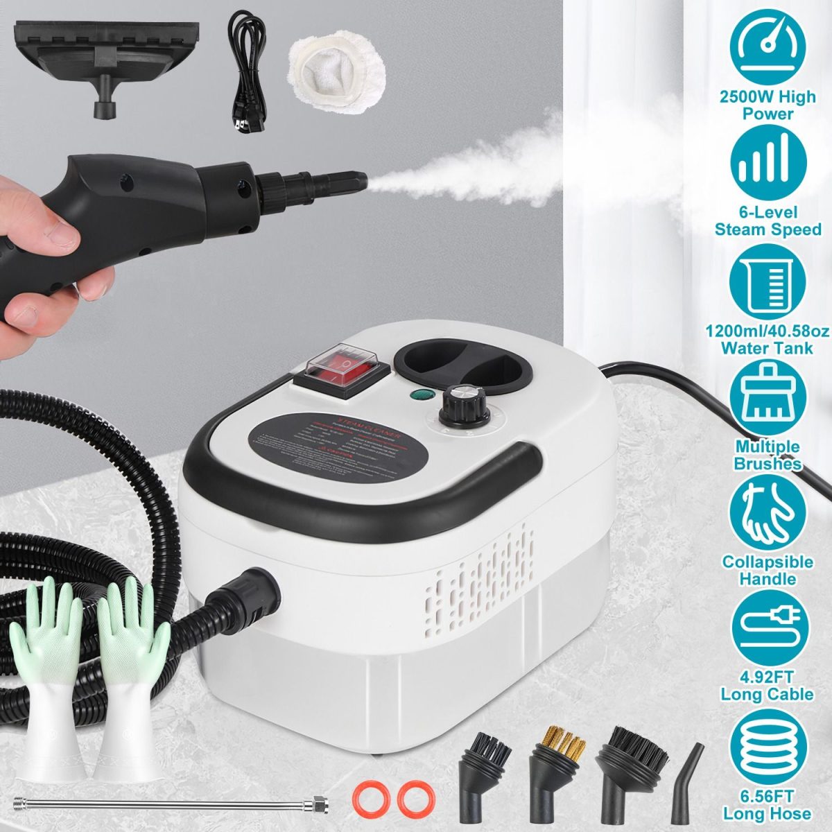 1200ml Tank Steam Cleaner 2500W 3 Bar Hot Steam Output 6 Adjustable Speeds, Complete Multi Function Cleaning Tool Set Foldable Handle Extended Hose Cord for Indoor Auto Surface Maintenance - Image 2