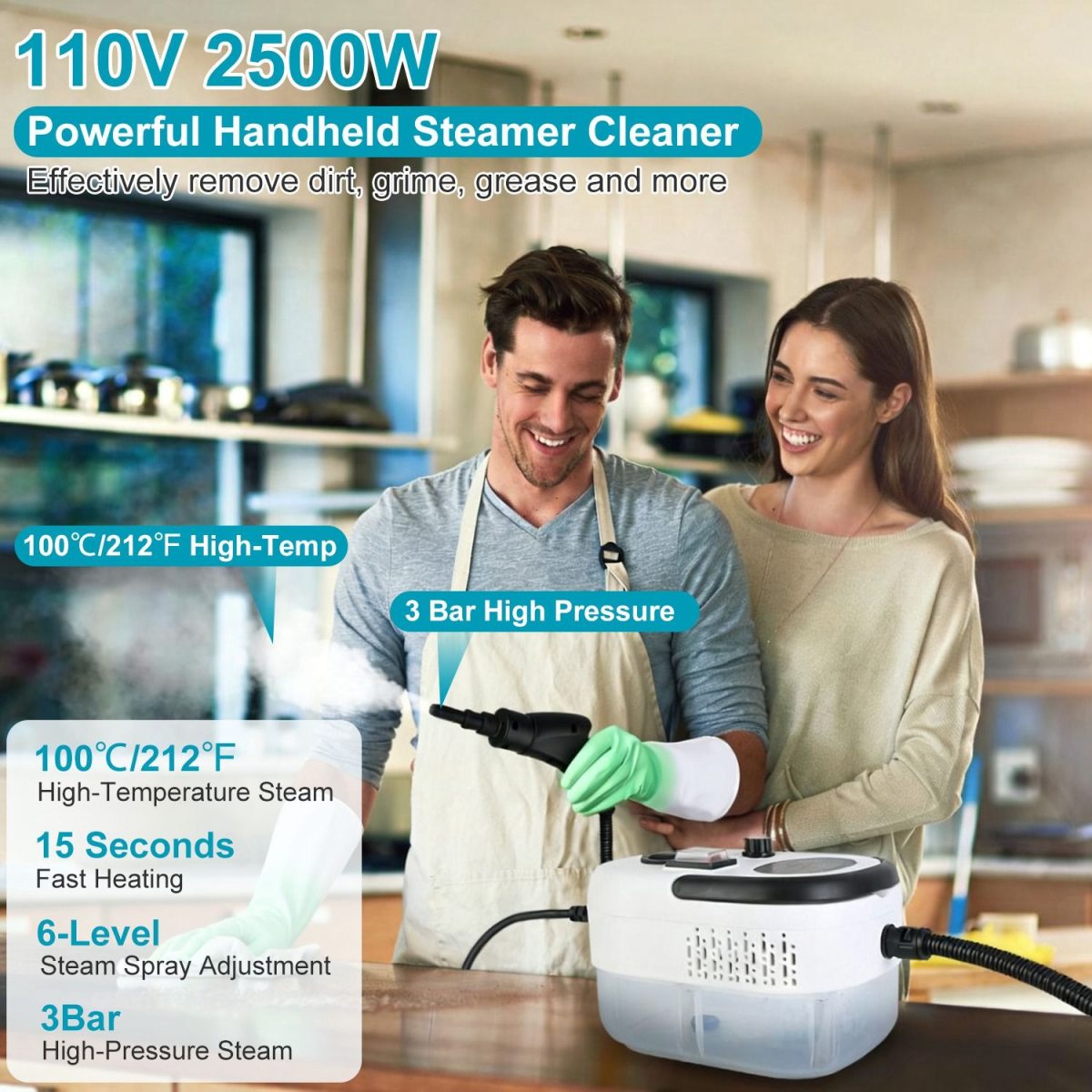 1200ml Tank Steam Cleaner 2500W 3 Bar Hot Steam Output 6 Adjustable Speeds, Complete Multi Function Cleaning Tool Set Foldable Handle Extended Hose Cord for Indoor Auto Surface Maintenance - Image 4