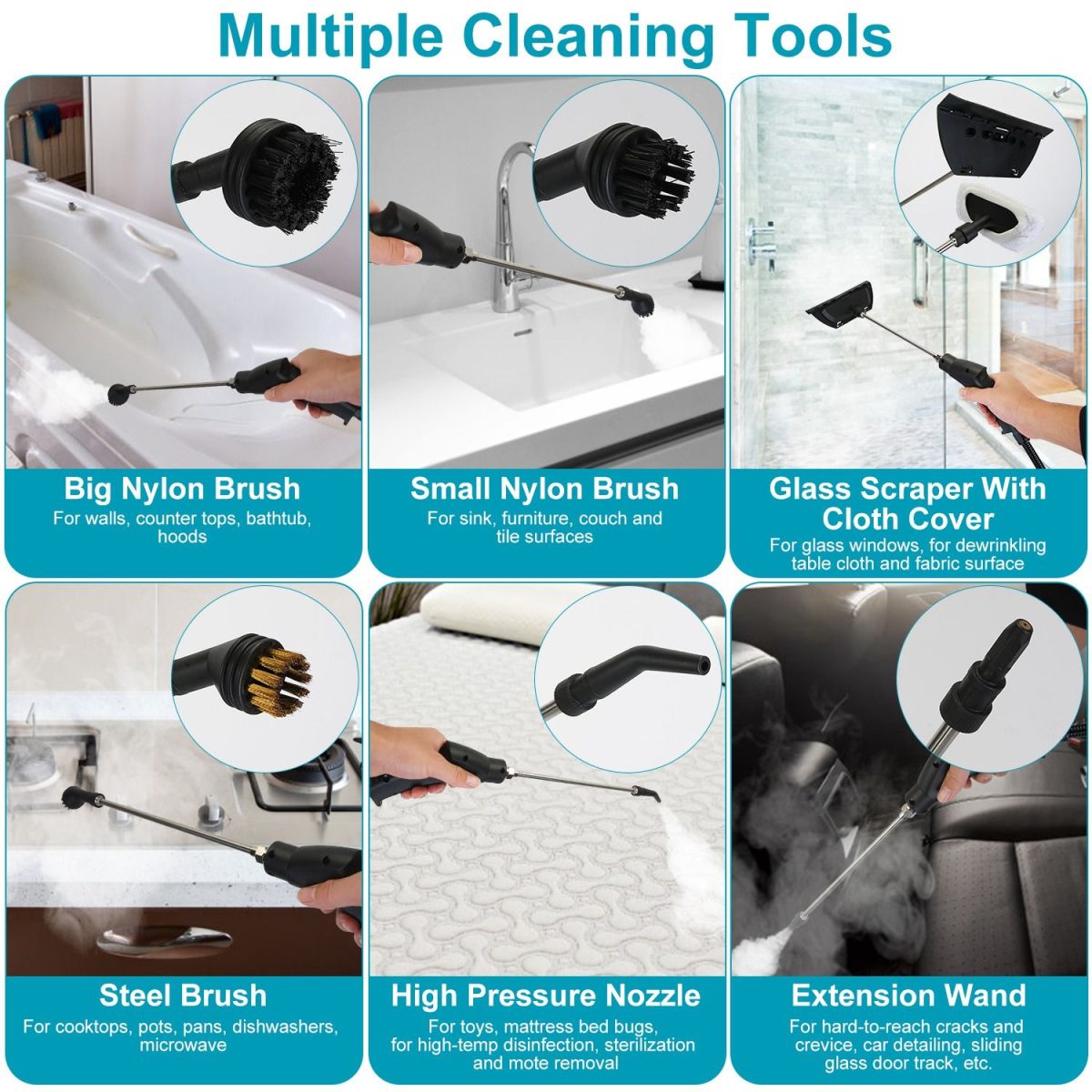 1200ml Tank Steam Cleaner 2500W 3 Bar Hot Steam Output 6 Adjustable Speeds, Complete Multi Function Cleaning Tool Set Foldable Handle Extended Hose Cord for Indoor Auto Surface Maintenance - Image 8