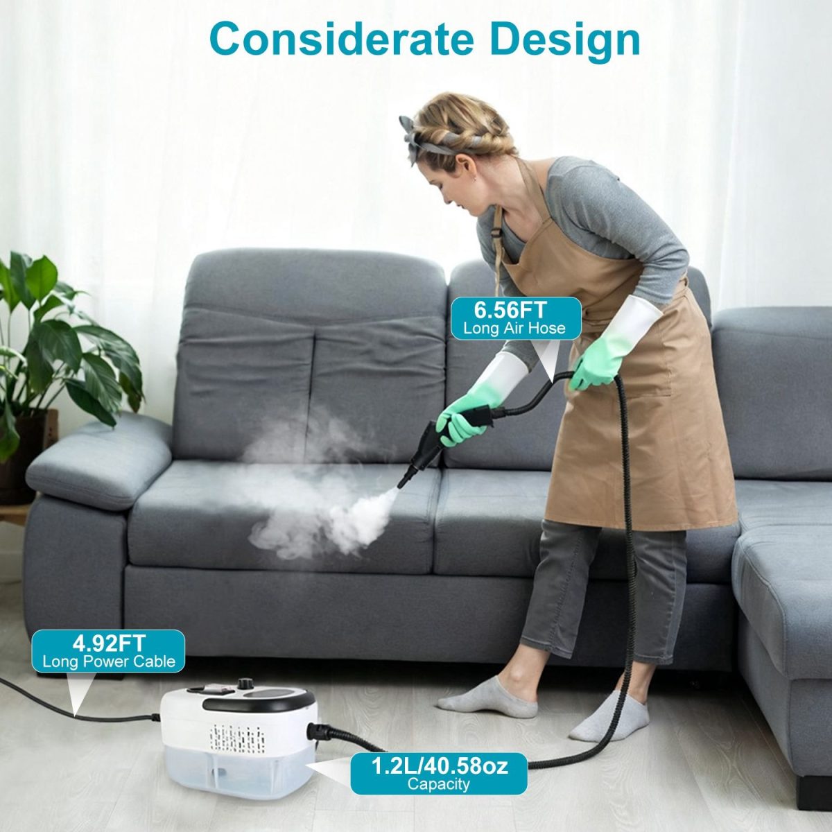 1200ml Tank Steam Cleaner 2500W 3 Bar Hot Steam Output 6 Adjustable Speeds, Complete Multi Function Cleaning Tool Set Foldable Handle Extended Hose Cord for Indoor Auto Surface Maintenance - Image 9