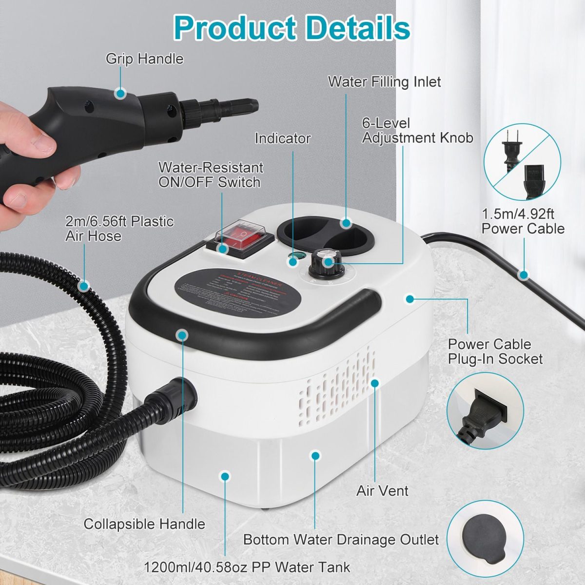 1200ml Tank Steam Cleaner 2500W 3 Bar Hot Steam Output 6 Adjustable Speeds, Complete Multi Function Cleaning Tool Set Foldable Handle Extended Hose Cord for Indoor Auto Surface Maintenance - Image 10