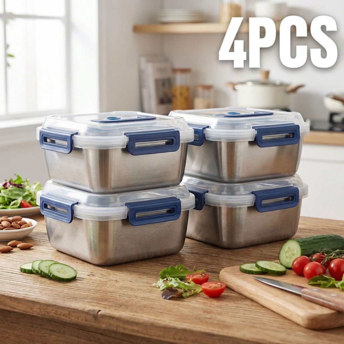 Yakimoto 2/4/6/8/10 PCS Extra-Large Stainless Steel Food Storage Containers With Blue Lids - Deep Design, Airtight Seal, Perfect For Refrigerator Organization, Meal Prep, Lunch Boxes & Kitchen Pantry - Image 45