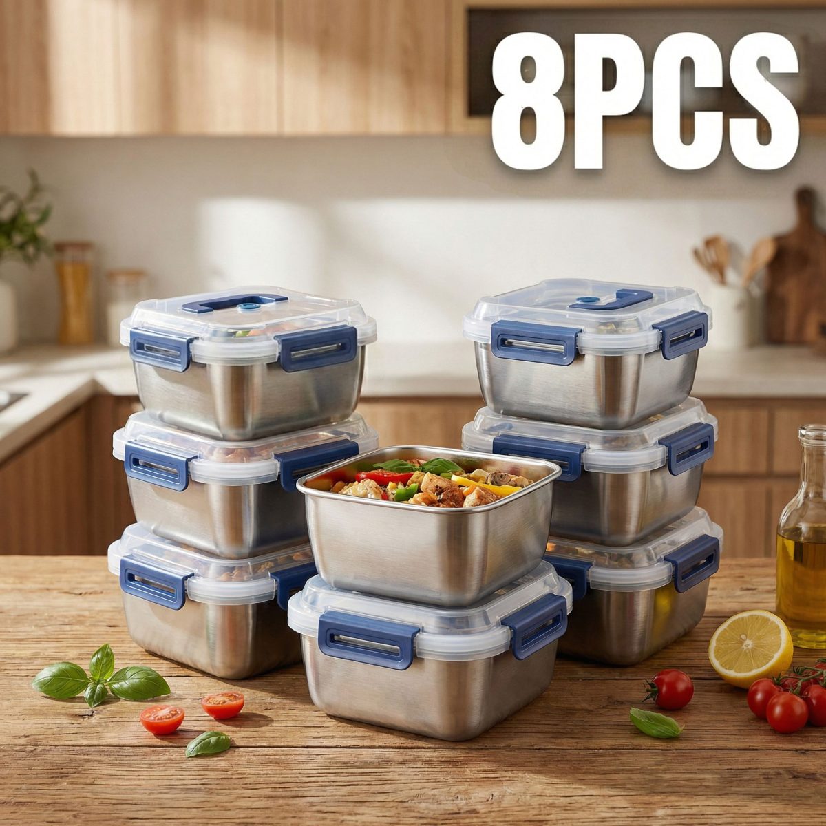 Yakimoto 2/4/6/8/10 PCS Extra-Large Stainless Steel Food Storage Containers With Blue Lids - Deep Design, Airtight Seal, Perfect For Refrigerator Organization, Meal Prep, Lunch Boxes & Kitchen Pantry - Image 19