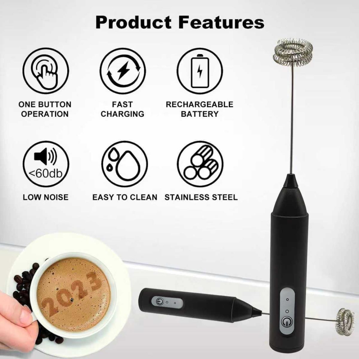 [Pick-Up Only] Rechargeable Handheld Milk Frother, USB-C Electric Drink Mixer with Stainless Steel Whisk, Portable Coffee Foam Maker for Latte, Cappuccino & Matcha (Black) - Image 10