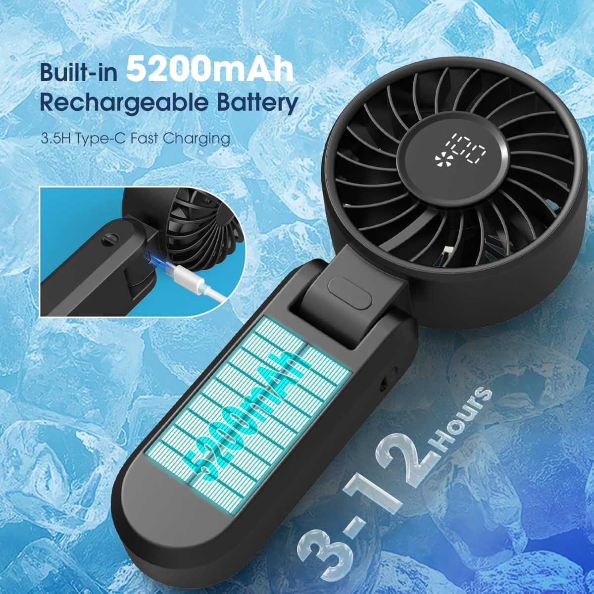 5200mAh Portable Handheld Fans for Travel, High-Speed Motor, Rechargeable Hand Held Fan, 5 Speed,180°Foldable, Small Personal Fan,4-IN-1 Hand/Desk/Waist/Neck Fans,Summer Beach Travel Essentials - Image 8