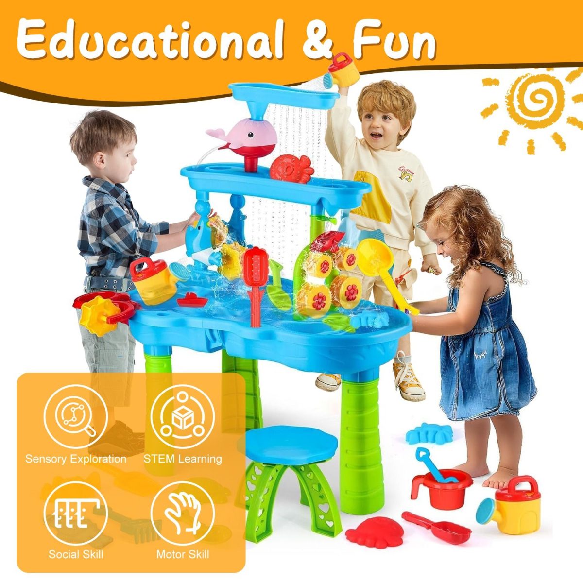 Kid Sand Water Table Toddler Water Activity Table Rain Showers Play Table Toy for 3-6 Years Old Sensory Exercise Friendship Building - Image 10