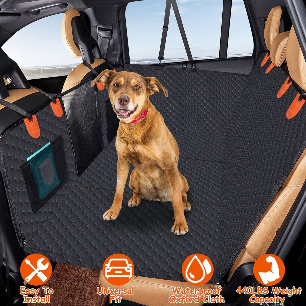 Dog Car Back Seat Cover With Zipper Mesh Window Storage Bags Waterproof 600D Oxford Cloth Car Seat Protector With Slide Flaps For Cars Trucks SUVs - Image 5