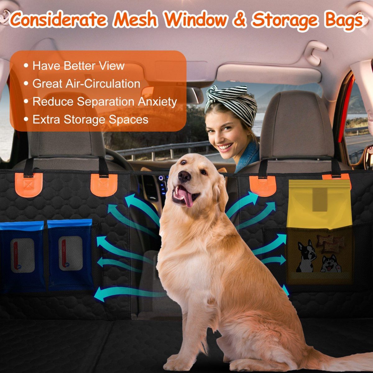 Dog Car Back Seat Cover With Zipper Mesh Window Storage Bags Waterproof 600D Oxford Cloth Car Seat Protector With Slide Flaps For Cars Trucks SUVs - Image 8