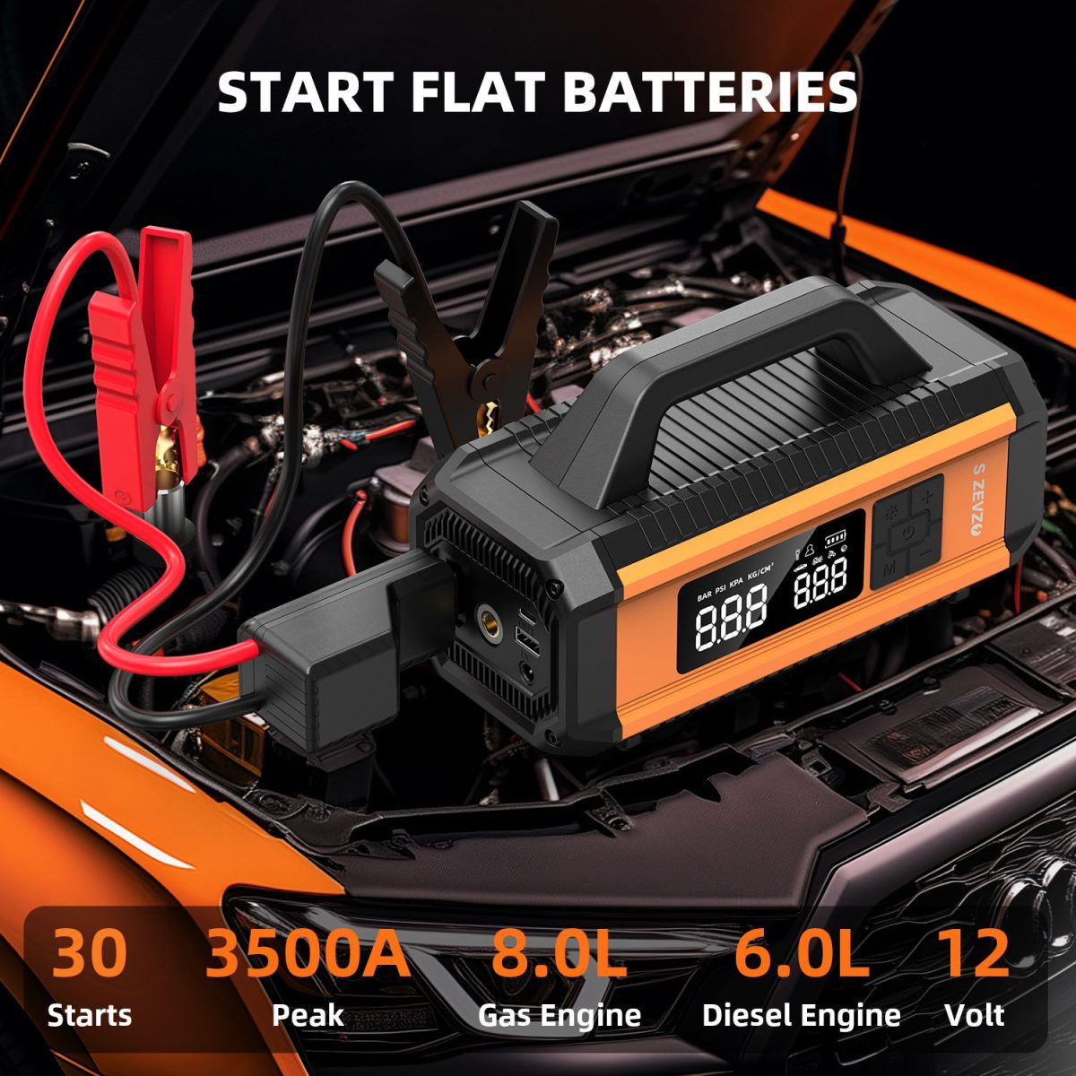 2 in 1 Car Jump Starter with Air Compressor Air Inflator Battery Charge Jumper Booster Power Bank Jumper Box Blue Red Emergency Alarm Flashlight - Image 7