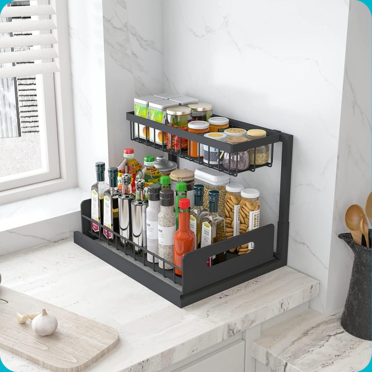 Under Sink Organizer, Pull Out Cabinet Storage 2 Tier Slide Out Sink Shelf, Kitchen Organizers and Storage, Black, 1 Pack - Image 13
