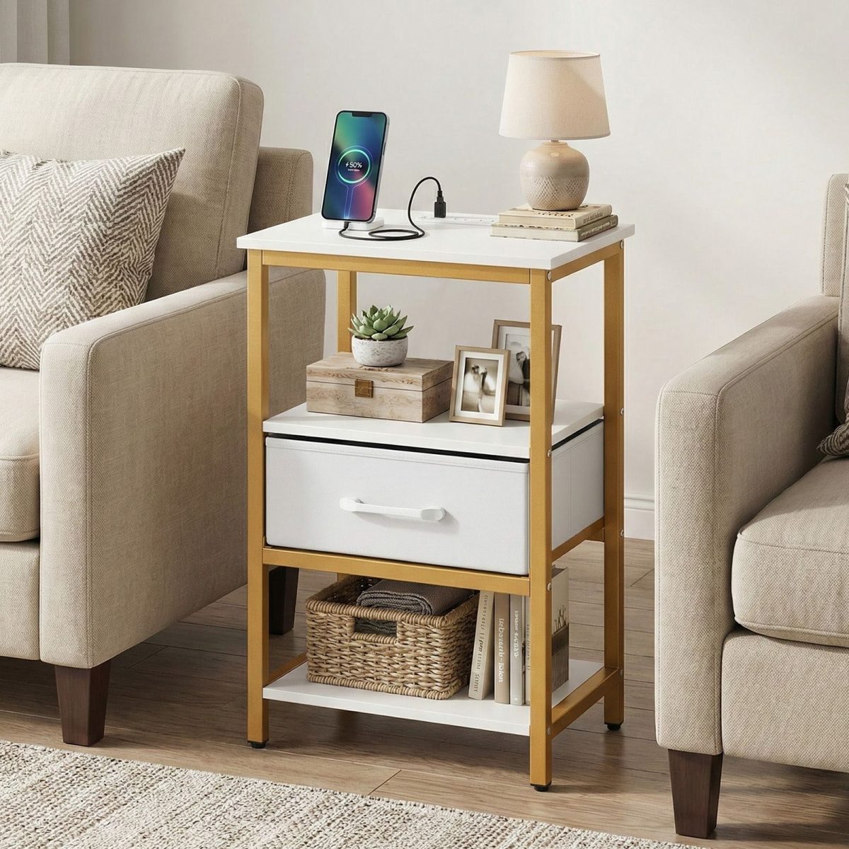 Nightstand with Charging Station and Adjustable Fabric Drawer for Bedroom and Living Room - Image 2