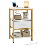Nightstand with Charging Station and Adjustable Fabric Drawer for Bedroom and Living Room