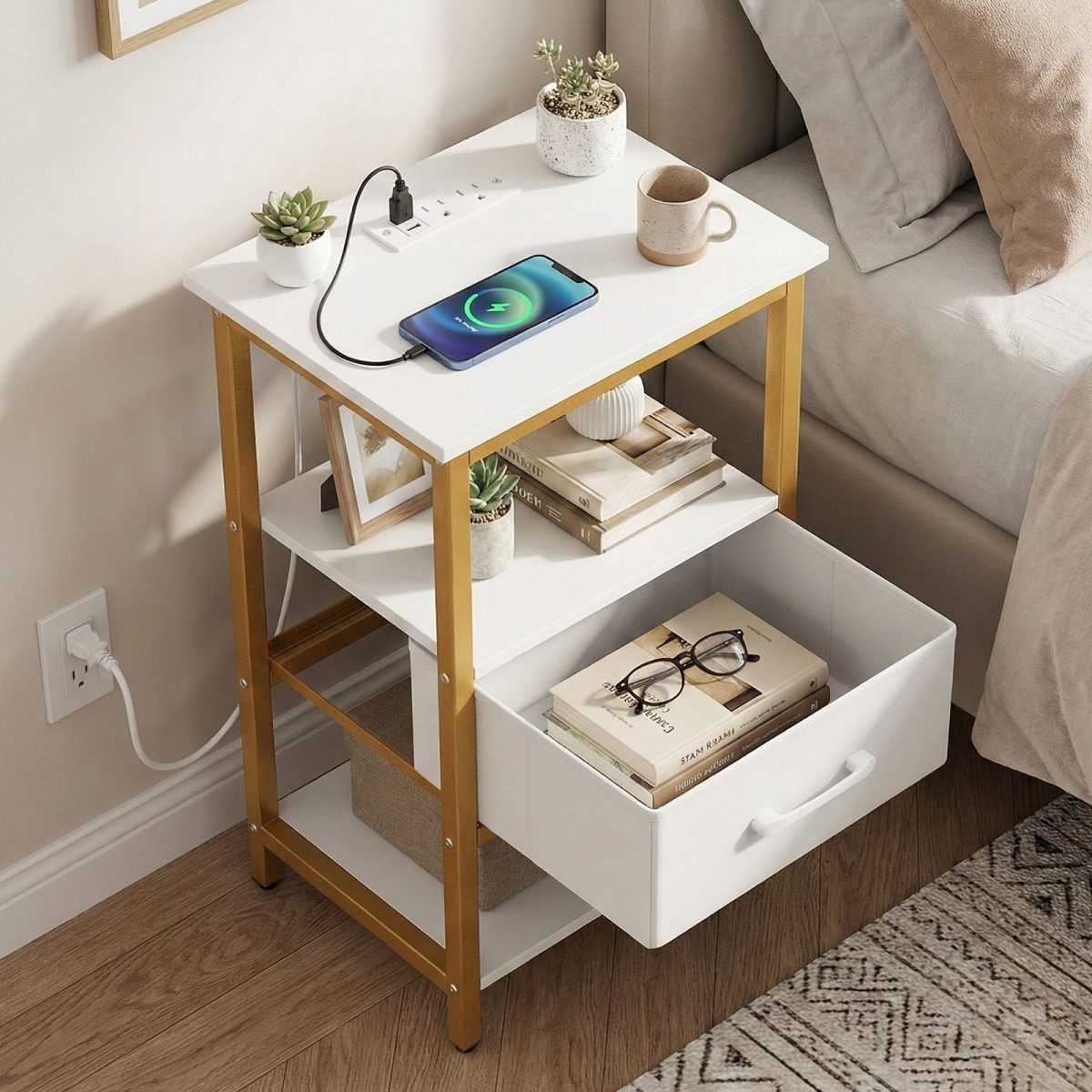 Nightstand with Charging Station and Adjustable Fabric Drawer for Bedroom and Living Room - Image 3