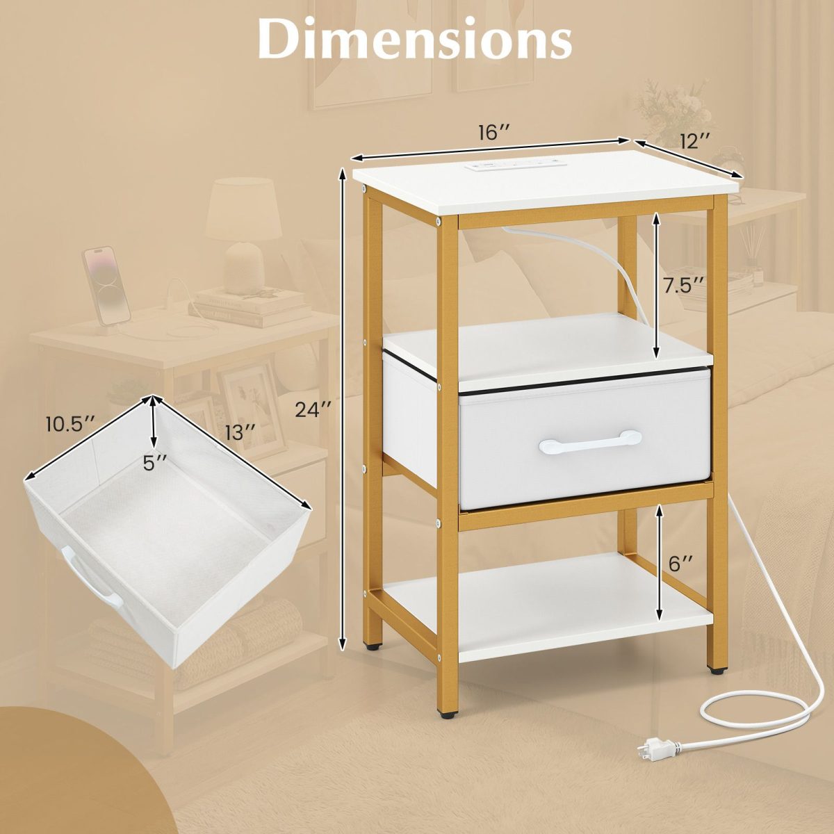 Nightstand with Charging Station and Adjustable Fabric Drawer for Bedroom and Living Room - Image 5