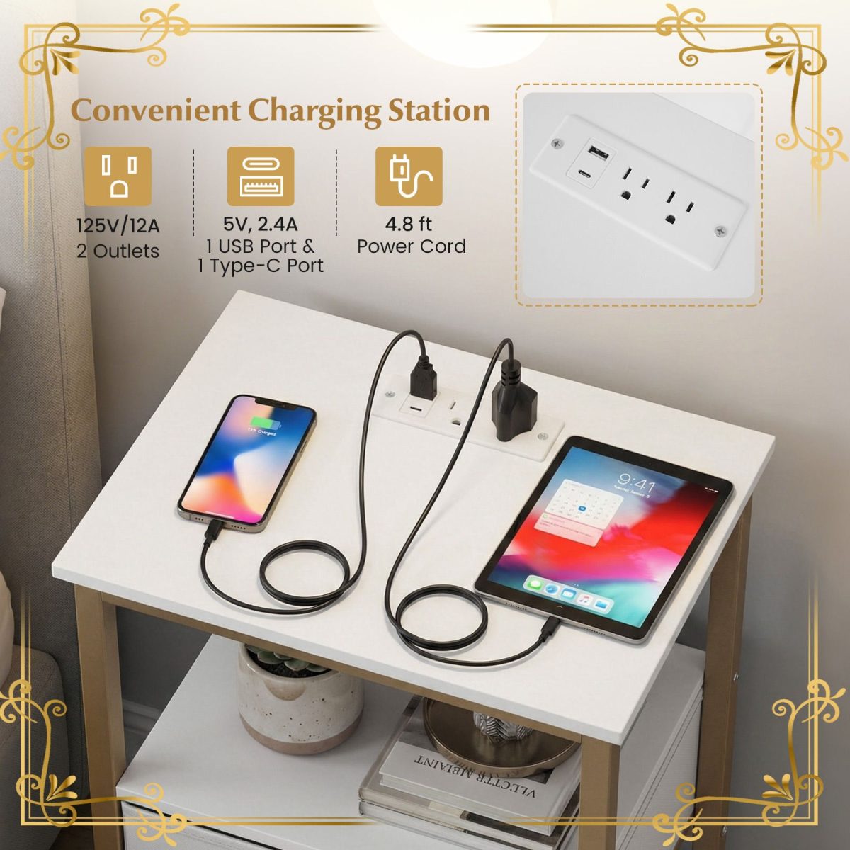 Nightstand with Charging Station and Adjustable Fabric Drawer for Bedroom and Living Room - Image 6