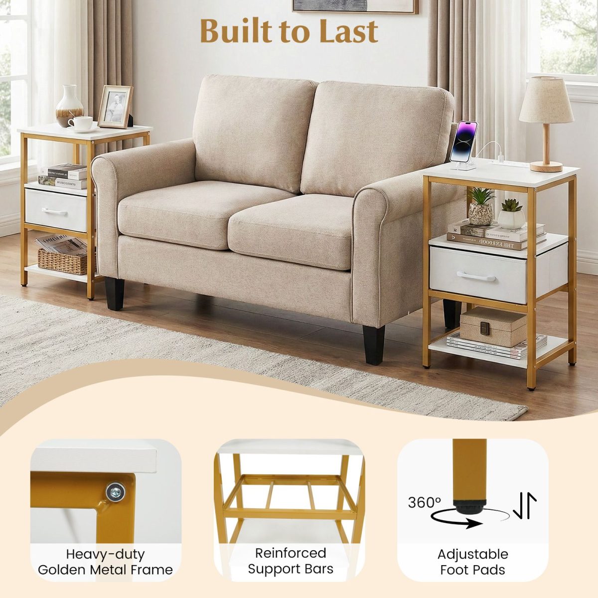 Nightstand with Charging Station and Adjustable Fabric Drawer for Bedroom and Living Room - Image 8