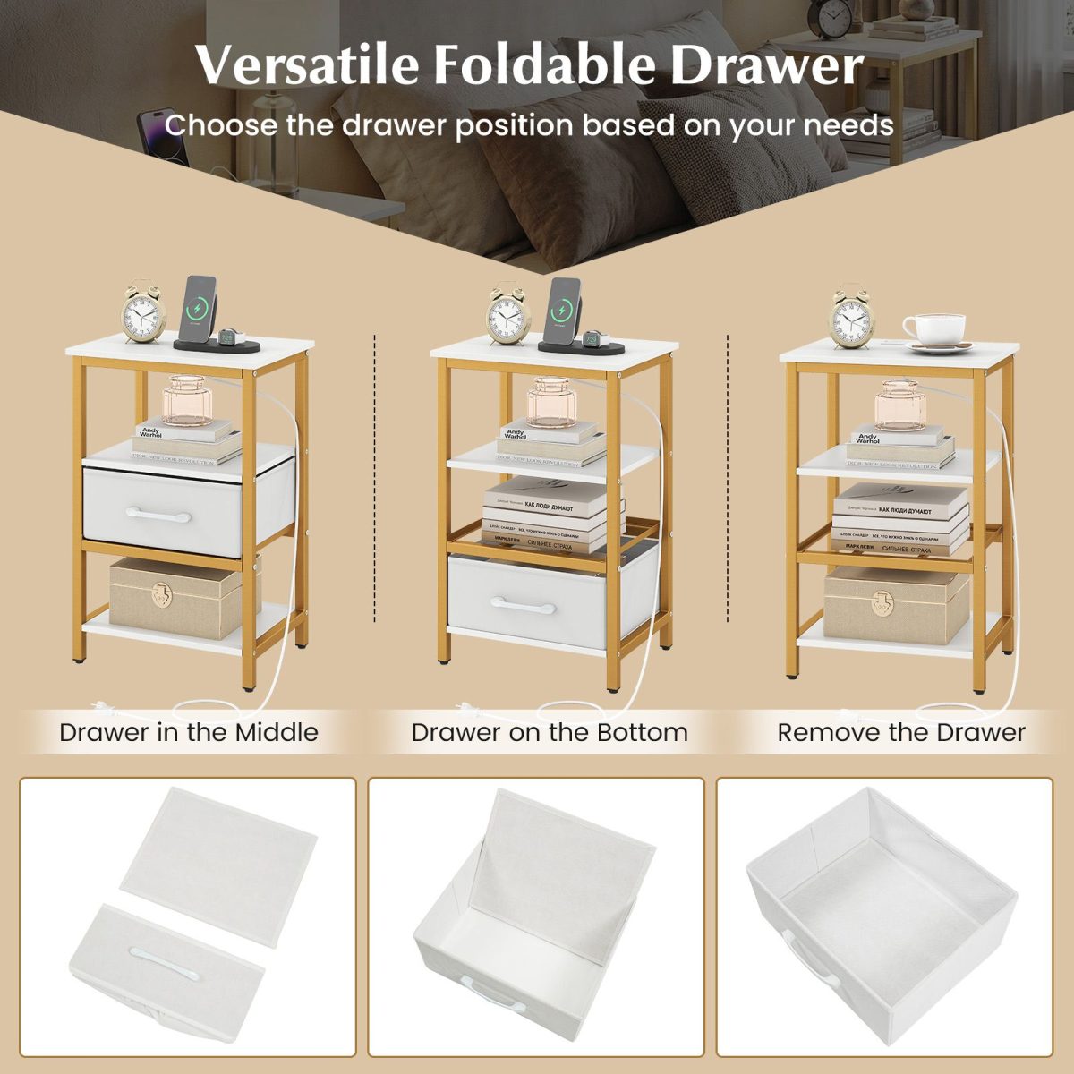 Nightstand with Charging Station and Adjustable Fabric Drawer for Bedroom and Living Room - Image 9