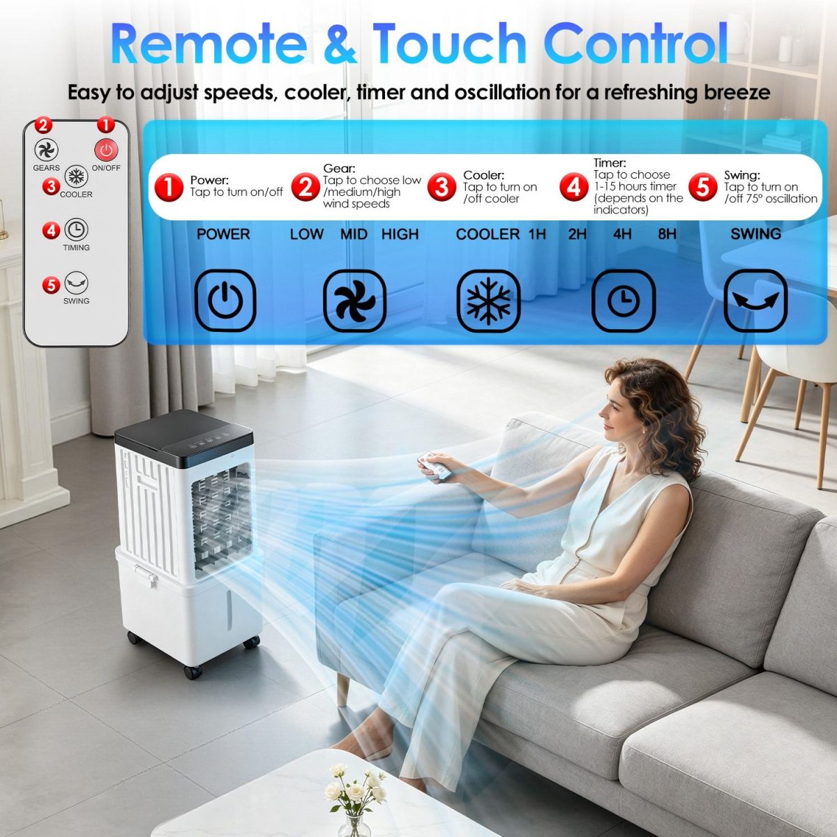 3 IN 1 Portable Air Conditioners,  12L Evaporative Air Conditioner with 3-Speed Dual Water Tank Touch & Remote Control 4 Wheels 4 Ice Packs Oscillation 15H Timer Visible Window for Bedroom Office Home - Image 12