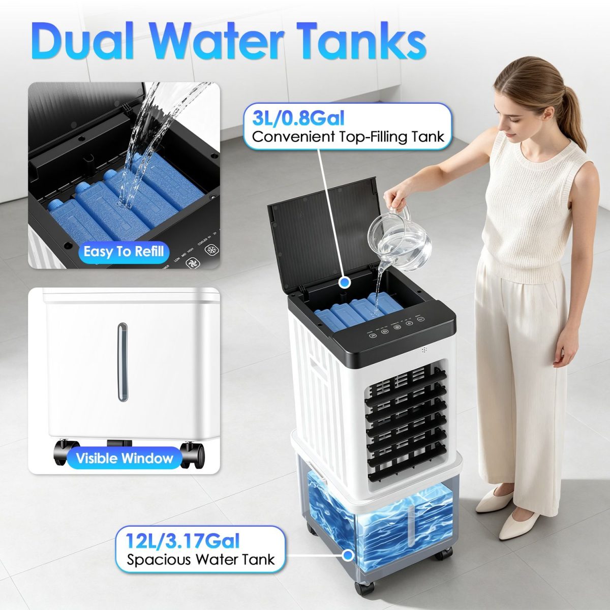 3 IN 1 Portable Air Conditioners,  12L Evaporative Air Conditioner with 3-Speed Dual Water Tank Touch & Remote Control 4 Wheels 4 Ice Packs Oscillation 15H Timer Visible Window for Bedroom Office Home - Image 3