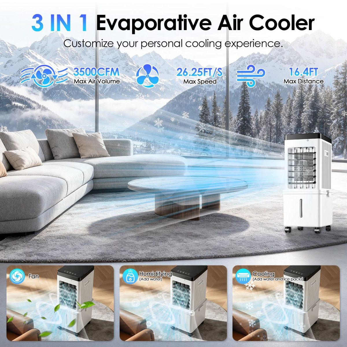 3 IN 1 Portable Air Conditioners,  12L Evaporative Air Conditioner with 3-Speed Dual Water Tank Touch & Remote Control 4 Wheels 4 Ice Packs Oscillation 15H Timer Visible Window for Bedroom Office Home - Image 4