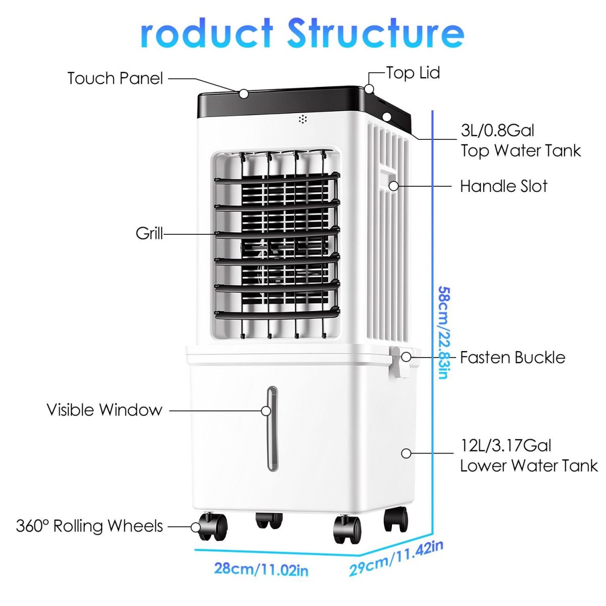 3 IN 1 Portable Air Conditioners,  12L Evaporative Air Conditioner with 3-Speed Dual Water Tank Touch & Remote Control 4 Wheels 4 Ice Packs Oscillation 15H Timer Visible Window for Bedroom Office Home - Image 6