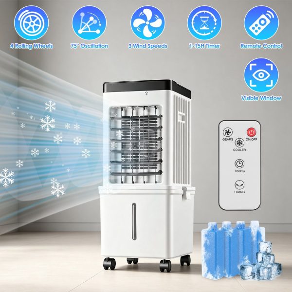 3 IN 1 Portable Air Conditioners,  12L Evaporative Air Conditioner with 3-Speed Dual Water Tank Touch & Remote Control 4 Wheels 4 Ice Packs Oscillation 15H Timer Visible Window for Bedroom Office Home