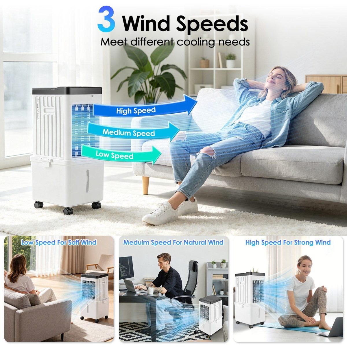 3 IN 1 Portable Air Conditioners,  12L Evaporative Air Conditioner with 3-Speed Dual Water Tank Touch & Remote Control 4 Wheels 4 Ice Packs Oscillation 15H Timer Visible Window for Bedroom Office Home - Image 9