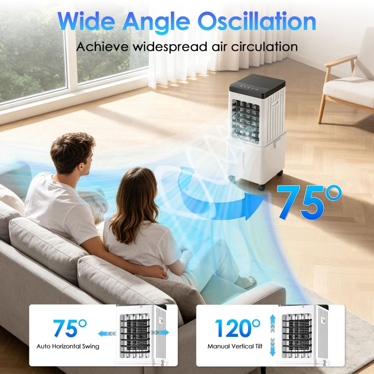3 IN 1 Portable Air Conditioners,  12L Evaporative Air Conditioner with 3-Speed Dual Water Tank Touch & Remote Control 4 Wheels 4 Ice Packs Oscillation 15H Timer Visible Window for Bedroom Office Home - Image 10